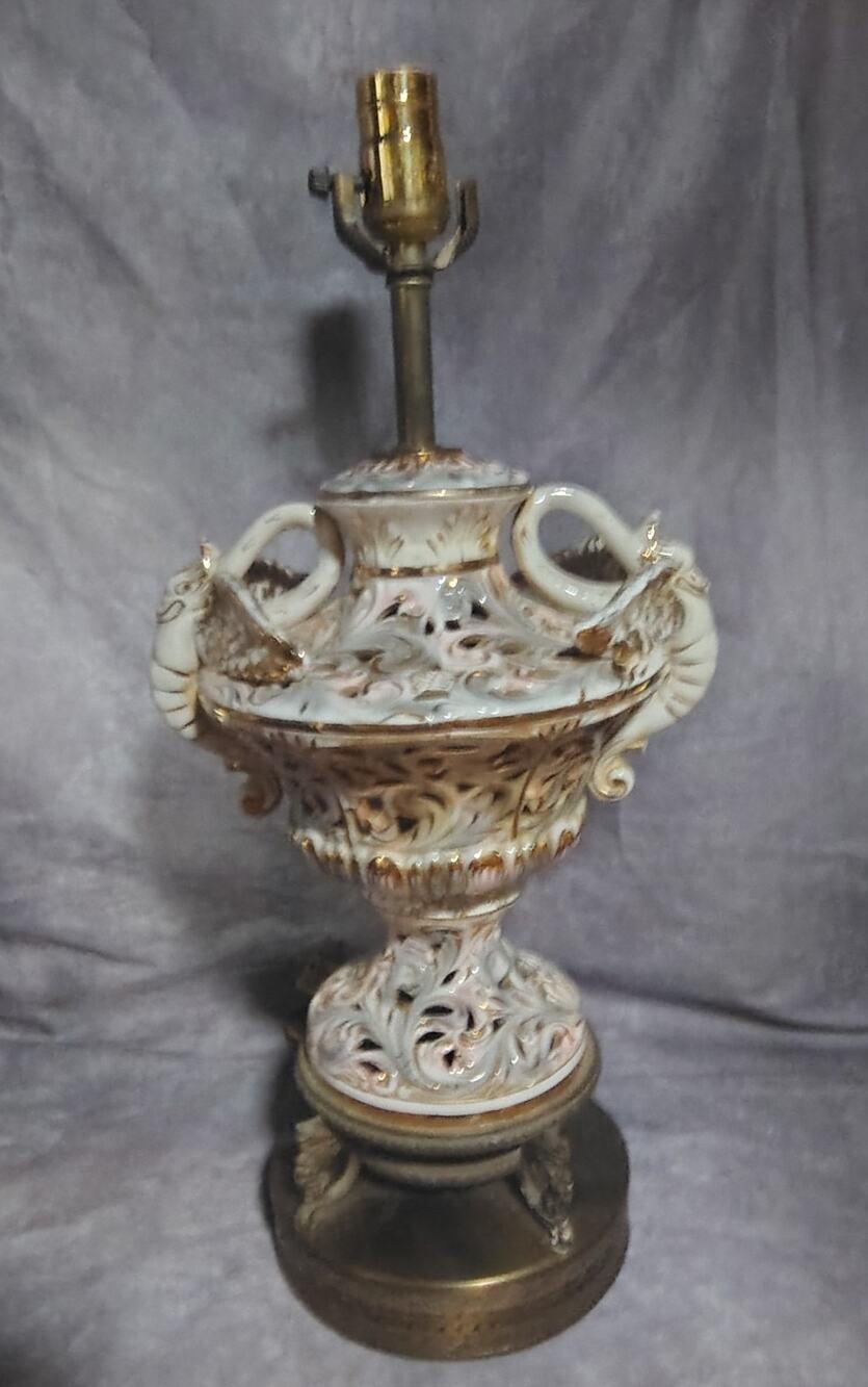 Vintage Beautiful Vintage Large Capodimonte Pierced Porcelain Lamp